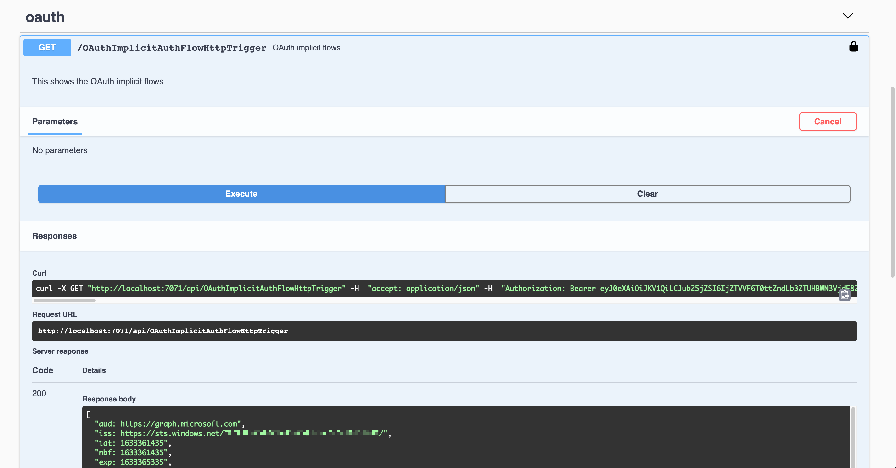 Swagger UI - OAuth2 Implicit Auth - Result